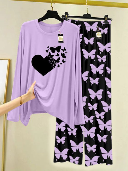 PURPLE FLYING BUTTERFLY HEART Printed Nightwear Set With Black Butterfly Printed Trousers – Women's Lounge Wear (007)