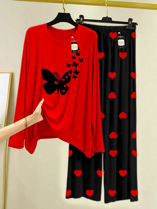 RED FLYING BUTTERFLY Printed Nightwear Set with Black Mini Heart Printed Trousers – Women's Lounge Wear (006)