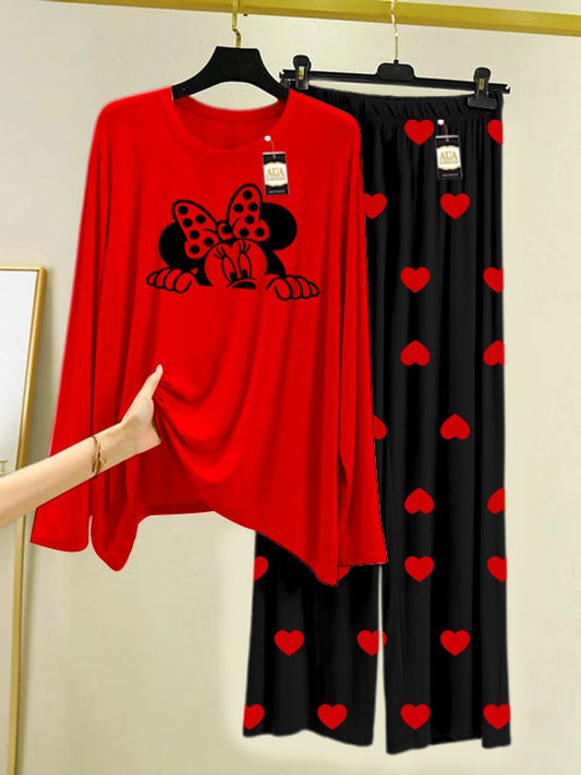 RED MICKEY FACE Printed Nightwear Set with Black Mini Heart Printed Trousers – Women's Lounge Wear (006)