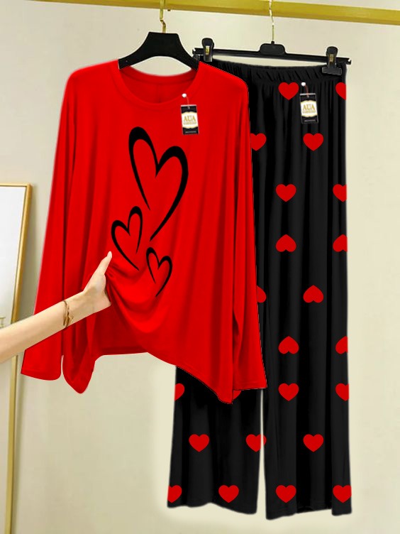 RED MULTII HEART Printed Nightwear Set with Black Mini Heart Printed Trousers – Women's Lounge Wear (006)