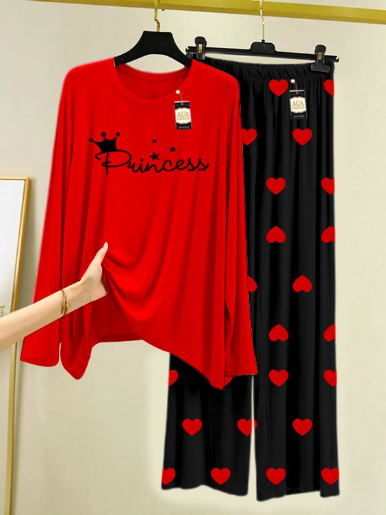 RED PRINCESS Printed Nightwear Set with Black Mini Heart Printed Trousers – Women's Lounge Wear (006)