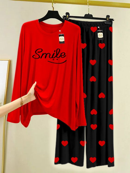 RED SMILE Printed Nightwear Set with Black Mini Heart Printed Trousers – Women's Lounge Wear (006)