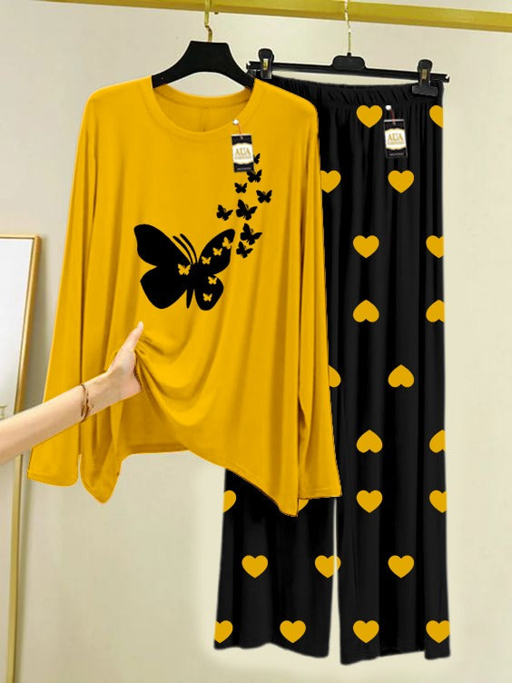 YELLOW FLYING BUTTERFLY Printed Nightwear Set with Black Mini Heart Printed Trousers – Women's Lounge Wear (006)