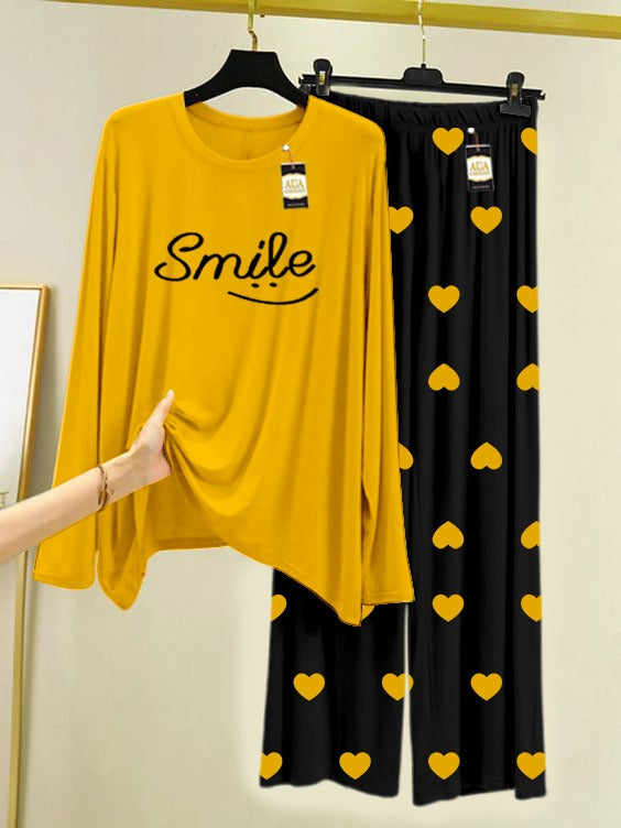 YELLOW SMILE Printed Nightwear Set with Black Mini Heart Printed Trousers – Women's Lounge Wear (006)