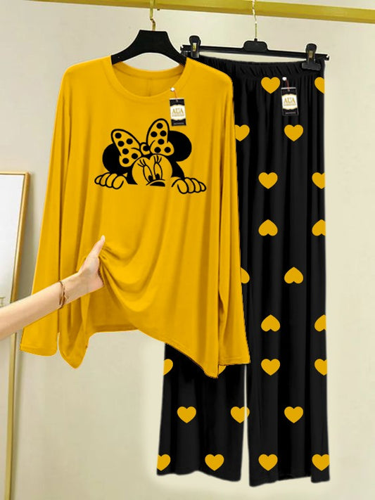 YELLOW MICKEY FACE Printed Nightwear Set with Black Mini Heart Printed Trousers – Women's Lounge Wear (006)