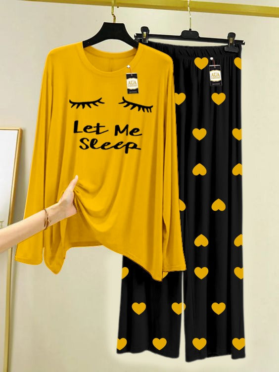 YELLOW LET ME SLEEP Printed Nightwear Set with Black Mini Heart Printed Trousers – Women's Lounge Wear (006)