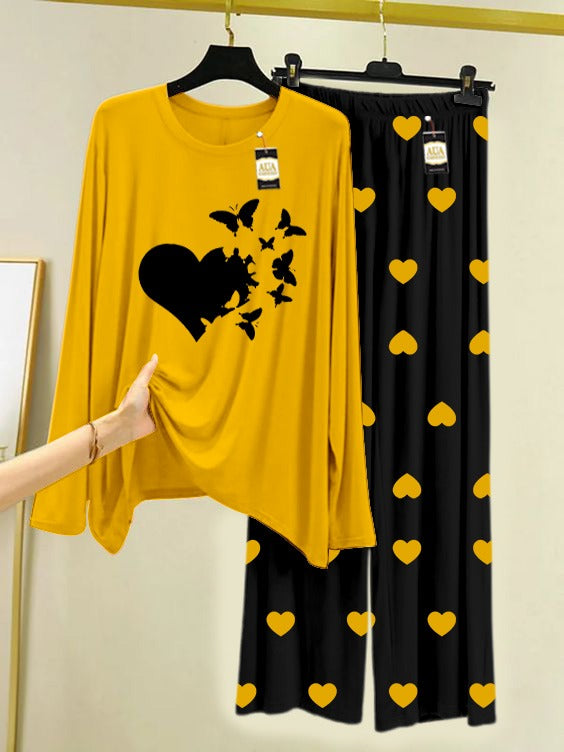 YELLOW FLYING BUTTERFLY HEART Printed Nightwear Set with Black Mini Heart Printed Trousers – Women's Lounge Wear (006)