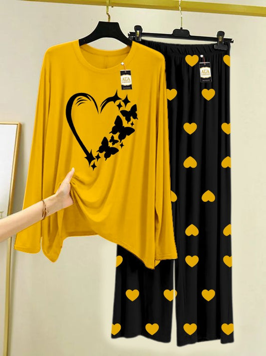 YELLOW WOMEN HEART Printed Nightwear Set with Black Mini Heart Printed Trousers – Women's Lounge Wear (006)