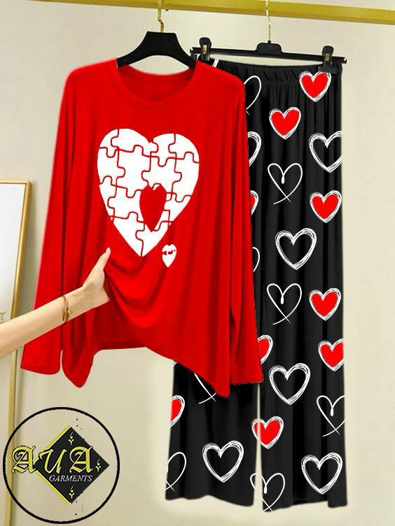 RED PUZZEL HEART Heart Printed Trouser Lounge wear Nightwear Sleepwear With Heart Prinred Trouser For Women By Auagarments (004)