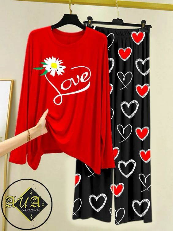 RED FLOWER LOVE Heart Printed Trouser Lounge wear Nightwear Sleepwear With Heart Prinred Trouser For Women By Auagarments (004)