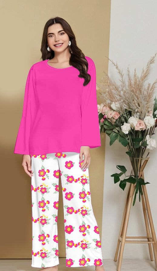 Plain Pink Nightwear Set with Flower Printed Trousers – Women's Lounge Wear (005)