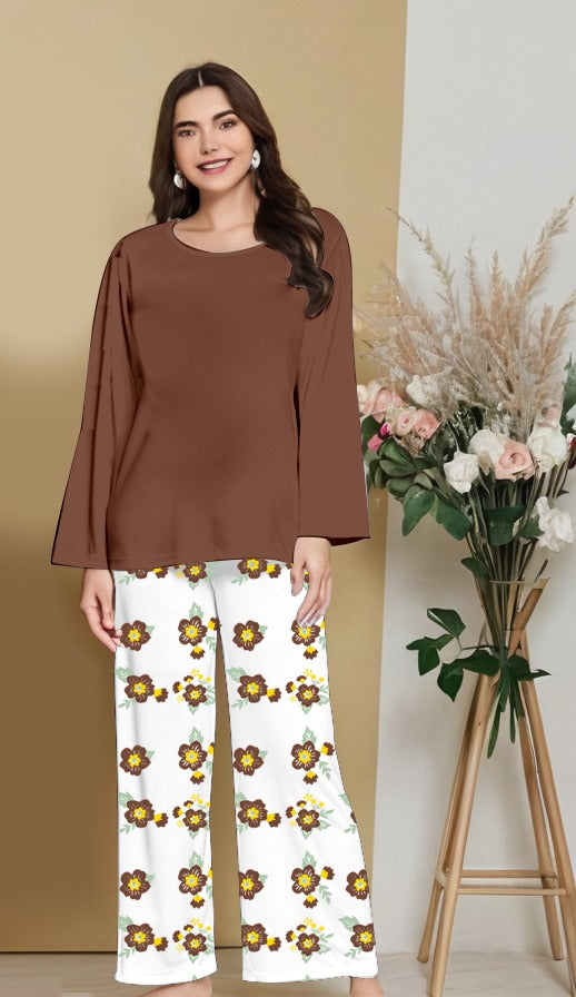 Plain Brown Nightwear Set with Flower Printed Trousers – Women's Lounge Wear (005)