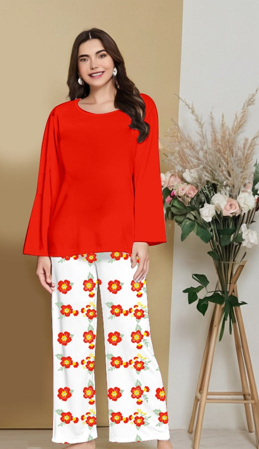 Plain Red Nightwear Set with Flower Printed Trousers – Women's Lounge Wear (005)