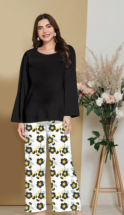 Plain Black Nightwear Set with Flower Printed Trousers – Women's Lounge Wear (005)