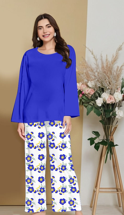 Plain Blue Nightwear Set with Flower Printed Trousers – Women's Lounge Wear (005)