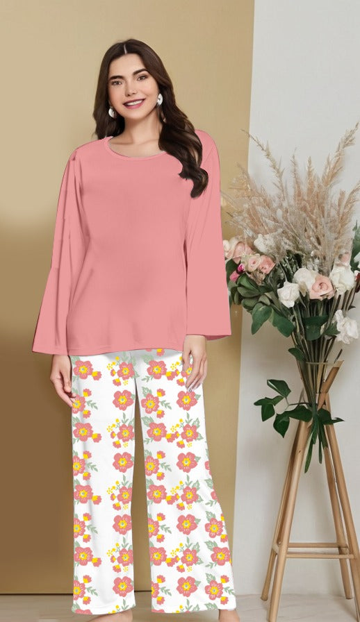 Plain Peach Nightwear Set with Flower Printed Trousers – Women's Lounge Wear (005)