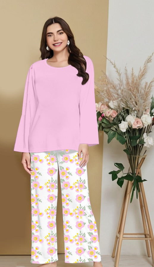 Plain Baby Pink Nightwear Set with Flower Printed Trousers – Women's Lounge Wear (005)