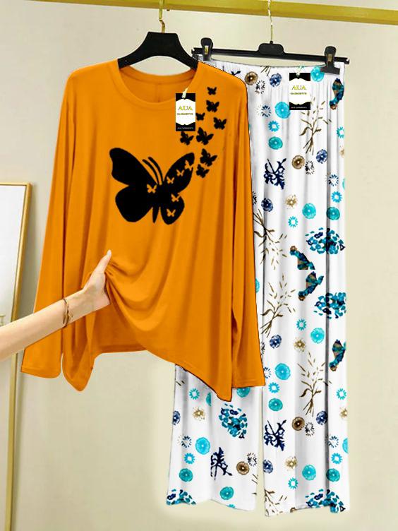 YELLOW FLYING BUTTERFLY Printed Nightwear Set with Tree Flower Printed Trousers – Women's Lounge Wear (009)