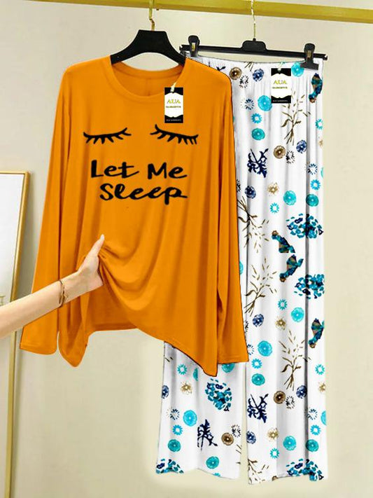 YELLOW LET ME SLEEP Printed Nightwear Set with Tree Flower Printed Trousers – Women's Lounge Wear (009)