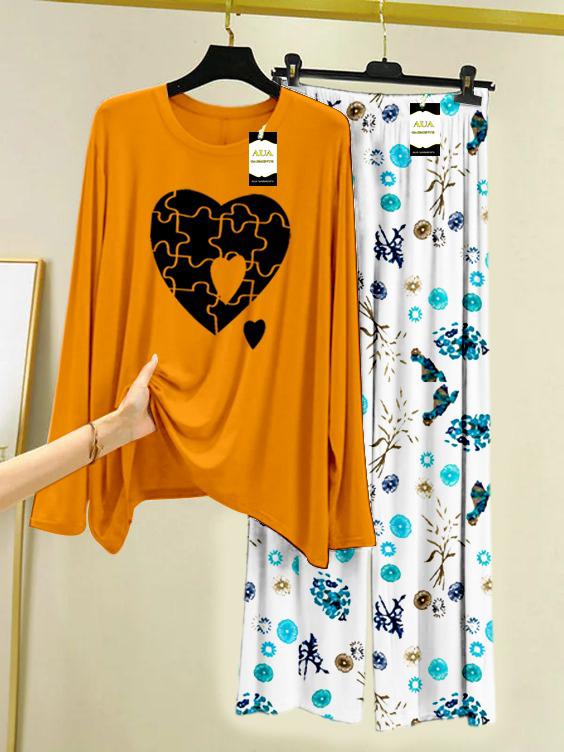 YELLOW PUZZEL HEART Printed Nightwear Set with Tree Flower Printed Trousers – Women's Lounge Wear (009)