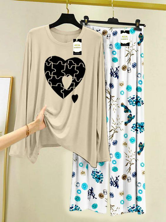 LIGHT GREY PUZZEL HEART Printed Nightwear Set with Tree Flower Printed Trousers – Women's Lounge Wear (009)