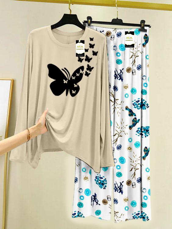 LIGHT GREY FLYING BUTTERFLY Printed Nightwear Set with Tree Flower Printed Trousers – Women's Lounge Wear (009)