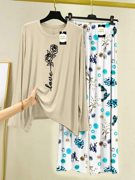 LIGHT GREY ROSE LOVE Printed Nightwear Set with Tree Flower Printed Trousers – Women's Lounge Wear (009)