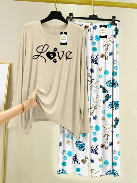 LIGHT GREY LOVE Printed Nightwear Set with Tree Flower Printed Trousers – Women's Lounge Wear (009)