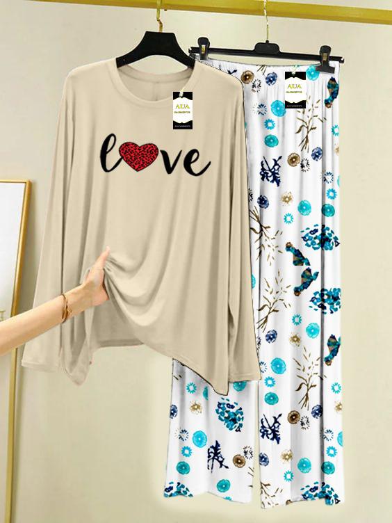 LIGHT GREY LOVE RED HEART Printed Nightwear Set with Tree Flower Printed Trousers – Women's Lounge Wear (009)