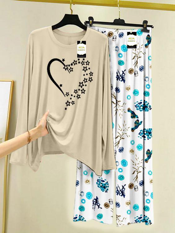 LIGHT GREY STAR HEART Printed Nightwear Set with Tree Flower Printed Trousers – Women's Lounge Wear (009)