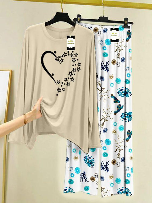 LIGHT GREY STAR HEART Printed Nightwear Set with Tree Flower Printed Trousers – Women's Lounge Wear (009)