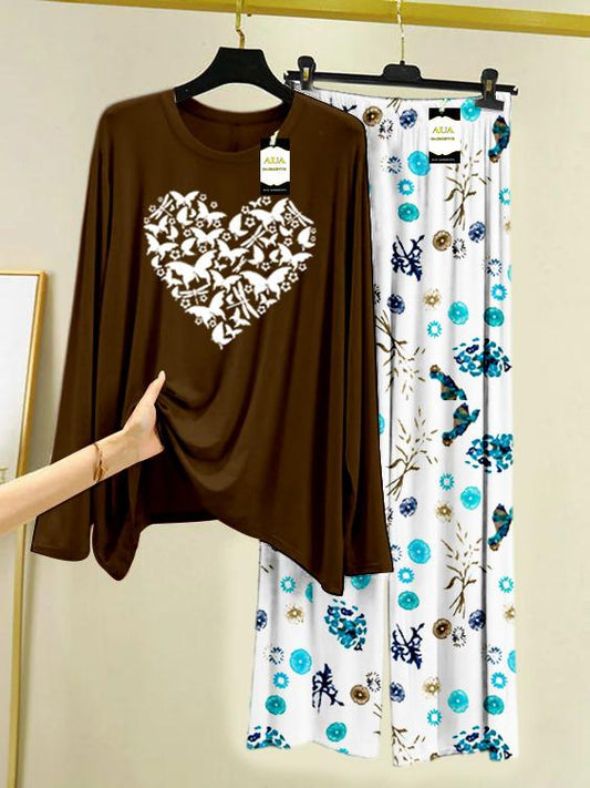 BROWN HEART BUTTERFLY Printed Nightwear Set with Tree Flower Printed Trousers – Women's Lounge Wear (009)