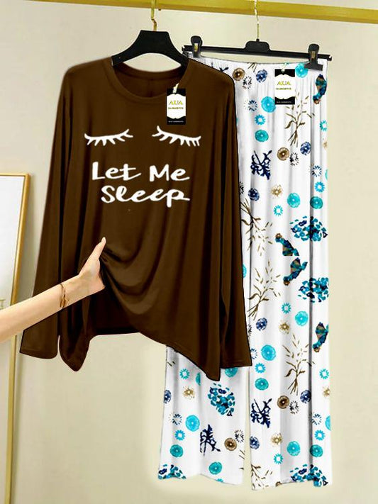 BROWN LET ME SLEEP Printed Nightwear Set with Tree Flower Printed Trousers – Women's Lounge Wear (009)