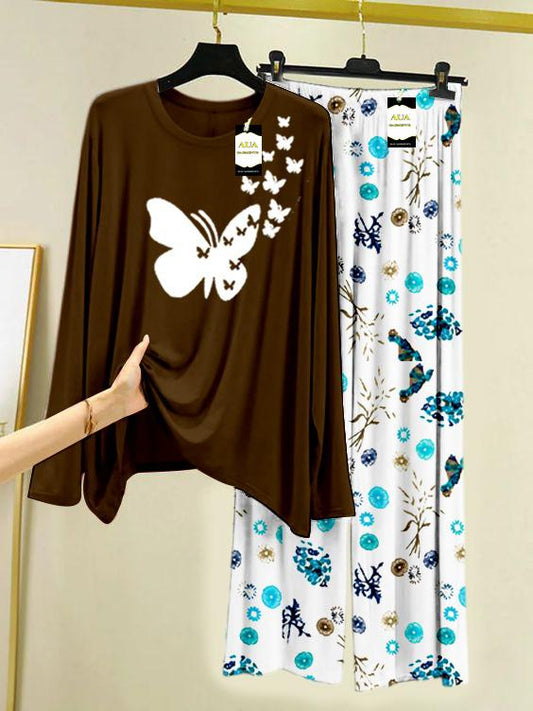 NROWN FLYING BUTTERFLY Printed Nightwear Set with Tree Flower Printed Trousers – Women's Lounge Wear (009)