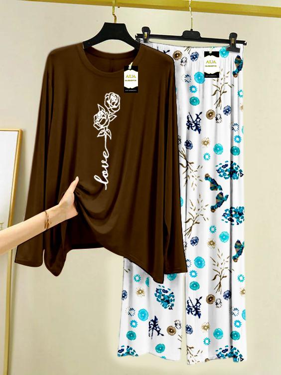 BROWN ROSE LOVE Printed Nightwear Set with Tree Flower Printed Trousers – Women's Lounge Wear (009)