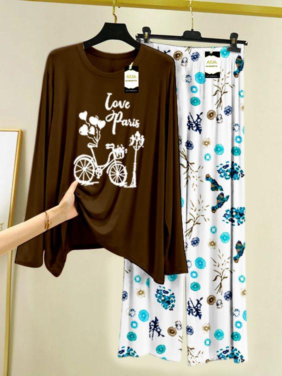 BROWN CYCLE Printed Nightwear Set with Tree Flower Printed Trousers – Women's Lounge Wear (009)