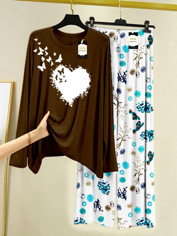 BROWN FLYING BUTTERFLY HEART Printed Nightwear Set with Tree Flower Printed Trousers – Women's Lounge Wear (009)