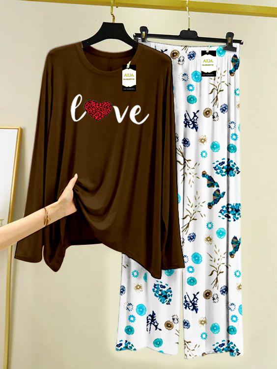 BROWN LOVE RED HEART Printed Nightwear Set with Tree Flower Printed Trousers – Women's Lounge Wear (009)