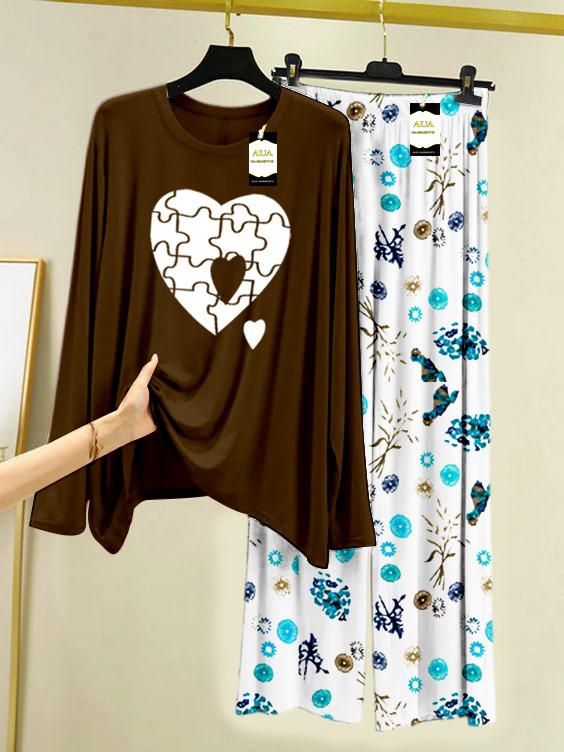 BROWN PUZZEL HEART Printed Nightwear Set with Tree Flower Printed Trousers – Women's Lounge Wear (009)