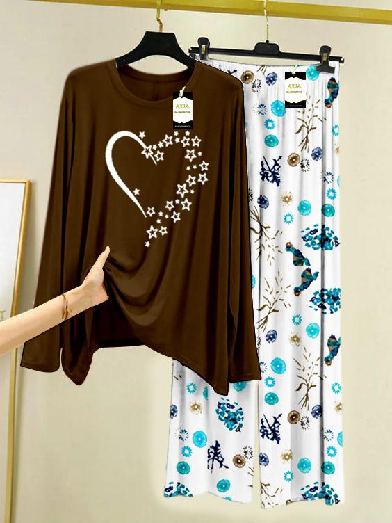 BROWN STAR HEART Printed Nightwear Set with Tree Flower Printed Trousers – Women's Lounge Wear (009)