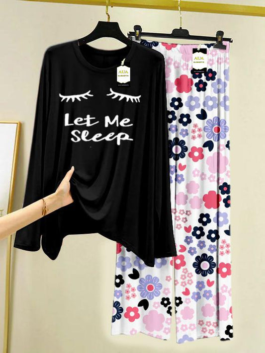 Black Let Me Sleep Printed Nightwear Set with White Flower Printed Trousers – Women's Lounge Wear (008)