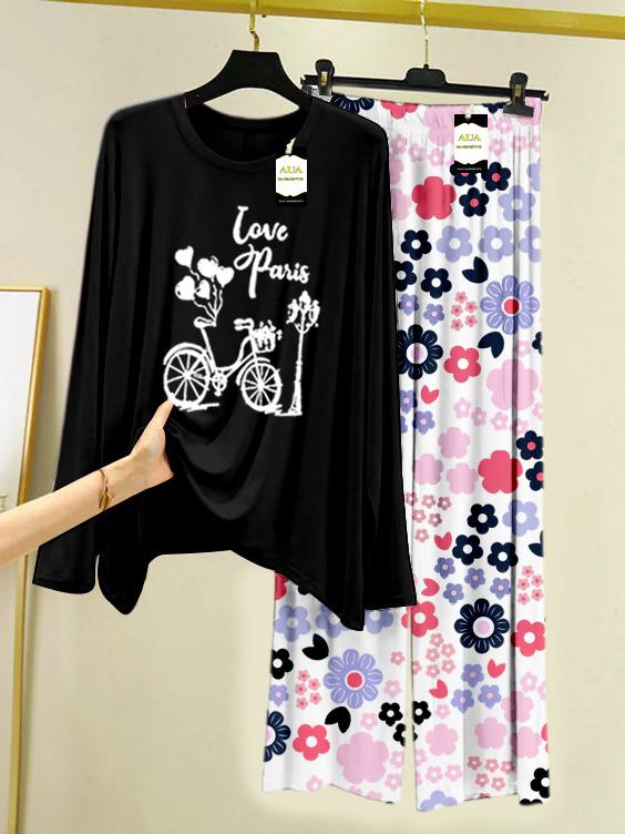 Black Love Paris Printed Nightwear Set with White Flower Printed Trousers – Women's Lounge Wear (008)