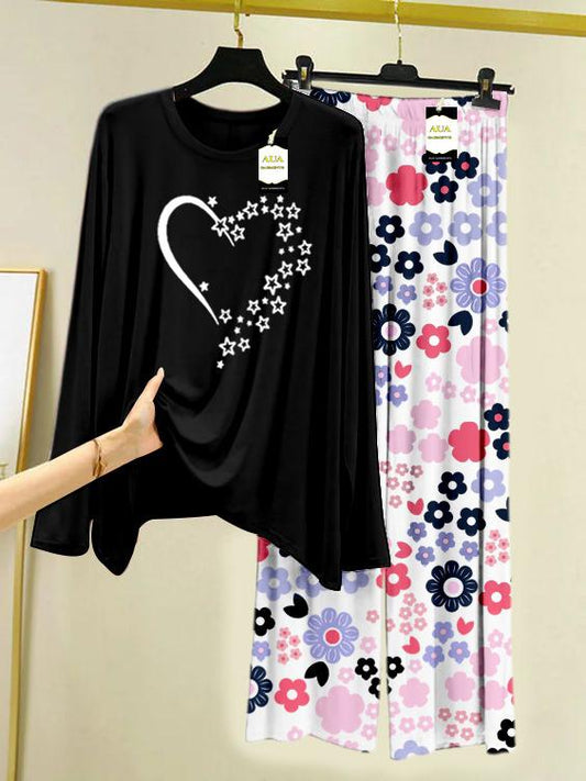 Black New Star Heart Printed Nightwear Set with White Flower Printed Trousers – Women's Lounge Wear (008)