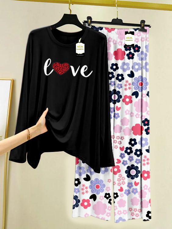 Black Red Heart Love Printed Nightwear Set with White Flower Printed Trousers – Women's Lounge Wear (008)