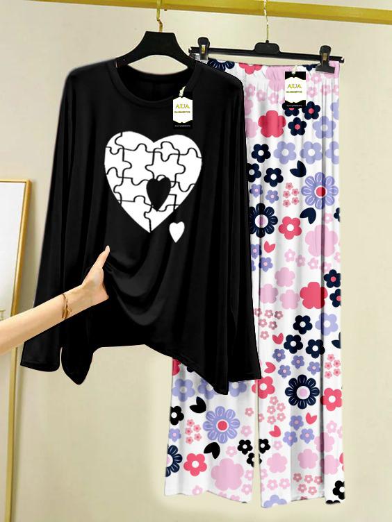 Black Puzzle Heart Love Printed Nightwear Set with White Flower Printed Trousers – Women's Lounge Wear (008)