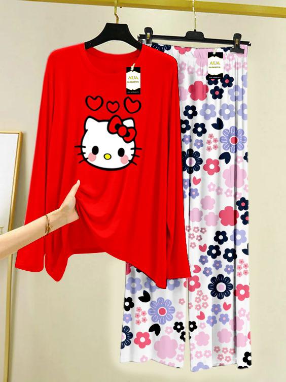 Red Hello Kitty Printed Nightwear Set with White Flower Printed Trousers – Women's Lounge Wear (008)