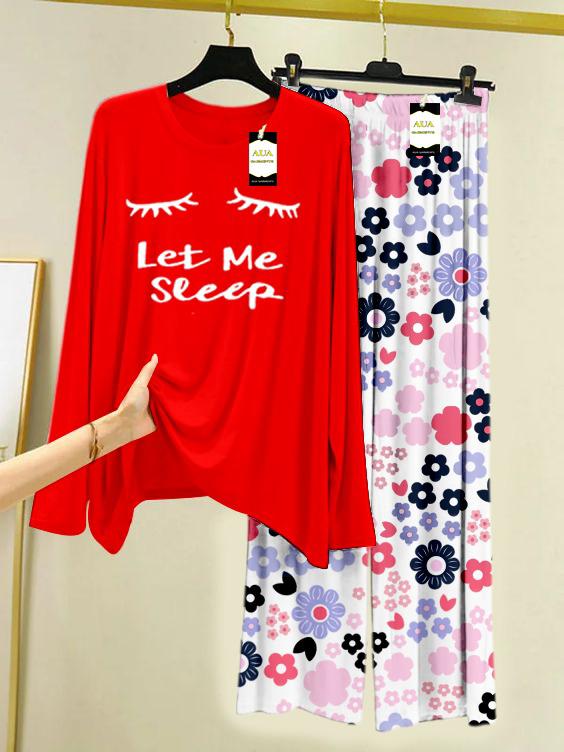 Red Let Me Sleep Printed Nightwear Set with White Flower Printed Trousers – Women's Lounge Wear (008)