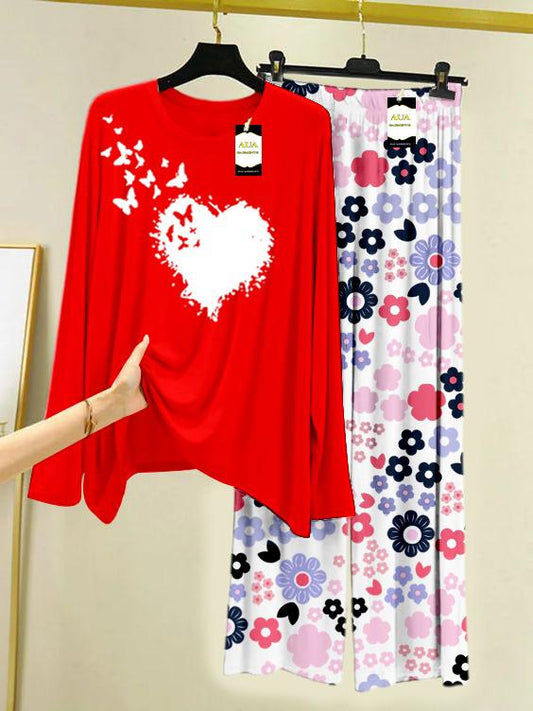 Red Heart Butterflies Printed Nightwear Set with White Flower Printed Trousers – Women's Lounge Wear (008)