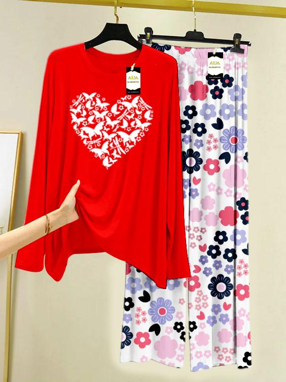 Red Heart Printed Nightwear Set with White Flower Printed Trousers – Women's Lounge Wear (008)