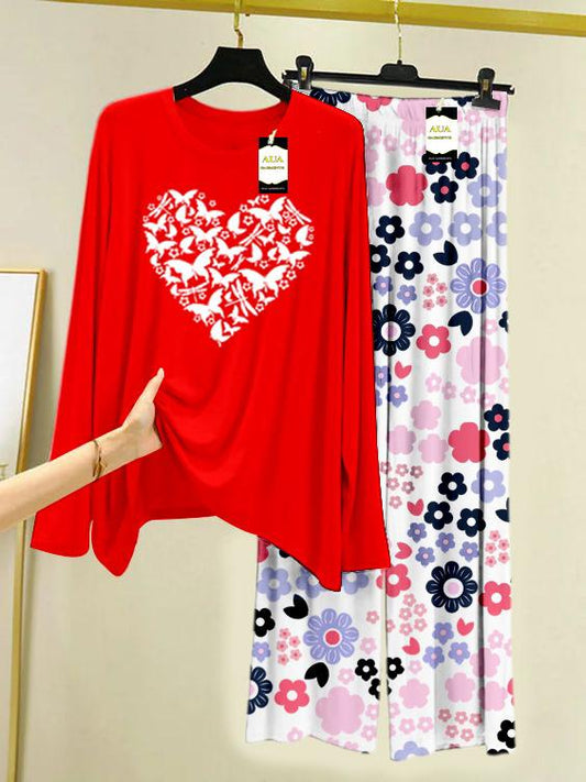 Red Heart Printed Nightwear Set with White Flower Printed Trousers – Women's Lounge Wear (008)